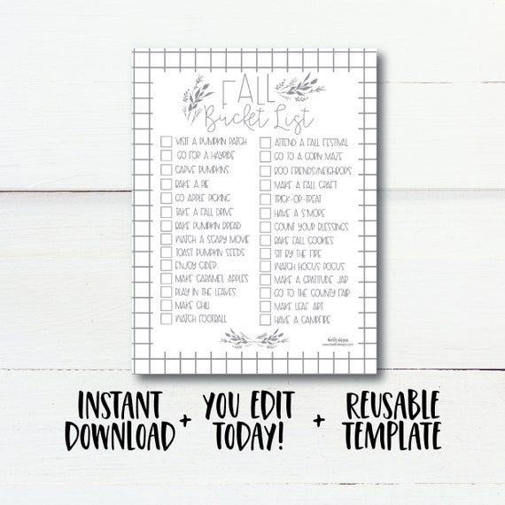 Autumn Sign, Fall Sign, Family Bucket List, Family Fall Bucket List, Editable Bucket List, Printable Bucket List, Autumn To Do List, Instant