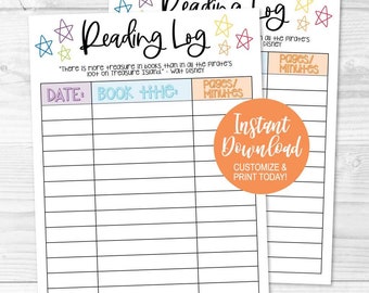 May include: Printable reading log with a colorful design featuring stars. The log has columns for date, book title, pages read, and minutes read. The text "There is more treasure in books than in all the pirate's loot on Treasure Island." - Walt Disney is included.