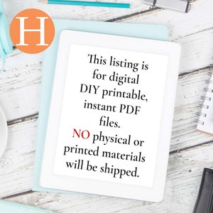Op de afbeelding: Een wit tabletscherm met de tekst "This listing is for digital DIY printable, instant PDF files. NO physical or printed materials will be shipped."