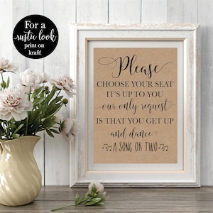 Choose Your Seat Wedding Sign, Find Your Seat No Seating Plan Sign, Rustic Get Up and Dance Printable Signage Decor, DIY Instant Download image 2