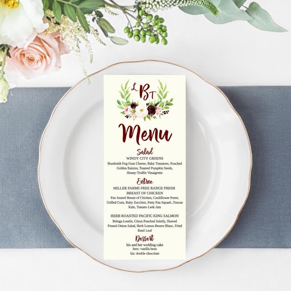 Wedding Menu Printable Wedding Dinner Menu Template Diy Etsy