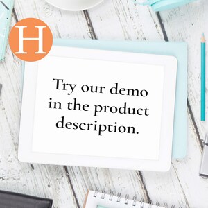 May include: A white tablet computer with a blue background. The screen displays the text "Try our demo in the product description."