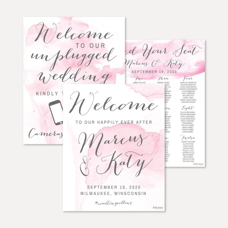 Pink Watercolor Splash Wedding Signs Set - Seating Chart,drinks Menu ...