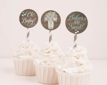 Wood Rustic Floral Boy Baby Shower Cupcake Toppers Template -Baby Shower Cupcake Decorations, Printable Cupcake Topper, Party Cupcake Topper