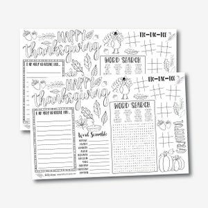 May include: Black and white printable Thanksgiving activity sheet with word search, word scramble, and tic-tac-toe games. The sheet includes the text "Happy Thanksgiving" and "I am very grateful for..."