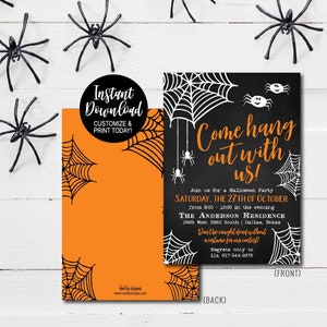 May include: Printable Halloween party invitation with a black and white spiderweb design and the text "Come hang out with us!"  Join us for a Halloween Party Saturday, the 27th of October from 8:00 - 12:00 in the evening The Anderson Residence 2983 West 3982 South | Dallas, Texas Don't be caught dead without a costume for our contest! Regrets only to Lia 817-344-9878 (FRONT) (BACK)