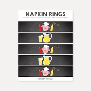 Printable BBQ Napkin Ring Holder Template, Backyard Cookout Paper Silverware Wrapper, Burger Party Custom Label, Pig Barbecue Table Set Tags