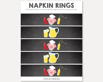 Printable BBQ Napkin Ring Holder Template, Backyard Cookout Paper Silverware Wrapper, Burger Party Custom Label, Pig Barbecue Table Set Tags