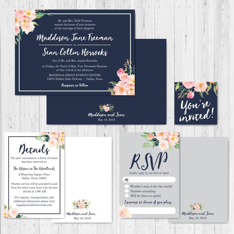Navy Blue and Blush Floral Wedding Invitation Suite, Online Wedding Invite Template, Affordable Wedding Invitation Package, Hadley Designs image 2