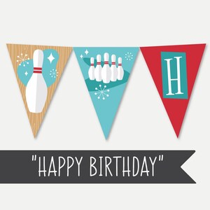 May include: A set of triangular pennants for a bowling-themed birthday party. The pennants are red, blue, and brown with white bowling pins and the letter "H" in a teal box. The text "HAPPY BIRTHDAY" is on a black banner.