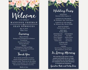 Navy Blue and Blush Floral Printable Wedding Ceremony Program Template, Hadley Designs, Wedding Programs PDF, Wedding Ceremony Programs DIY