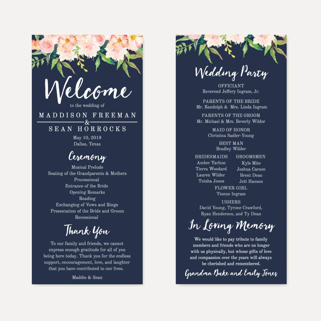 Navy Blue and Blush Floral Printable Wedding Ceremony Program