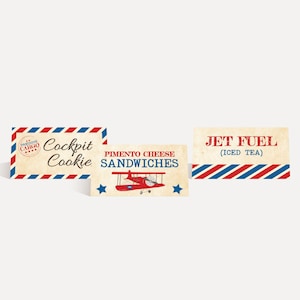 Modelo de cartões de barraca de comida para chá de bebê de avião - download instantâneo de cartão de barraca de comida, buffet editável, decoração de festa para impressão, designs Hadley