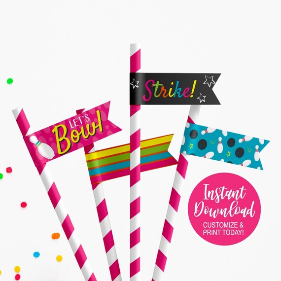 Bowling Straw Flags Printable Party Decorations Bowling Etsy