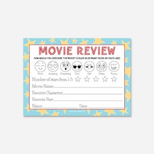 Movie Night Review Template - Kids Movie Review Printable, Movie Journal, Movie Notes, Movie Night Ideas, Movie Birthday Party Ideas
