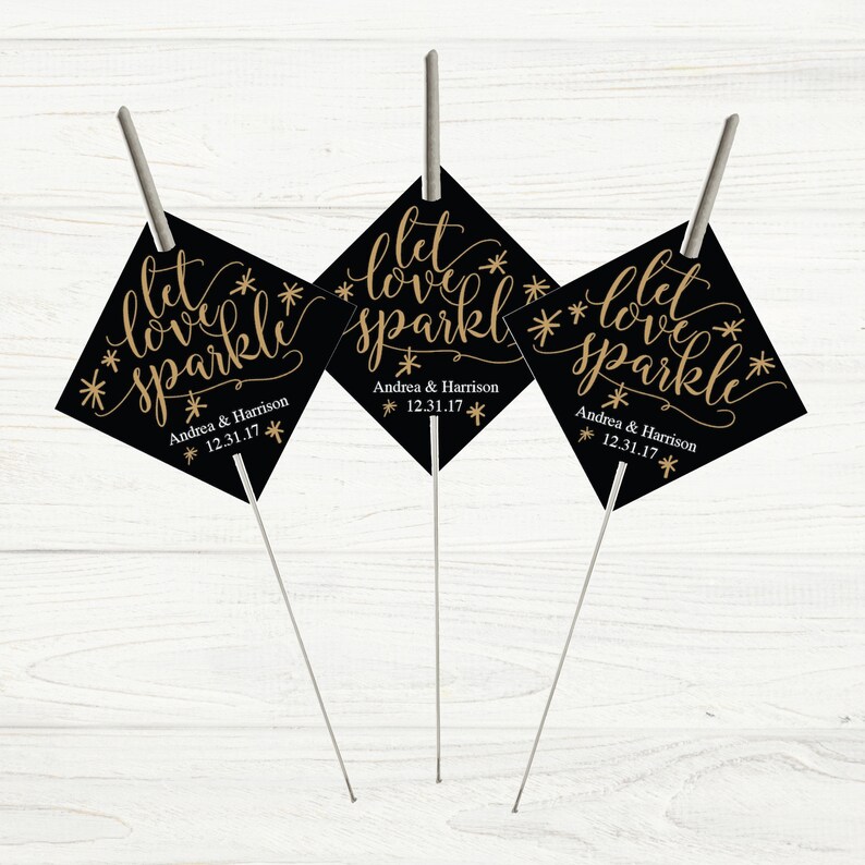 Printable Let Love Sparkle Tags for Sparklers, Black Gold Wedding Sparkler Holder Tag Personalized Exit Send Off Sleeves DIY PDF Template image 2