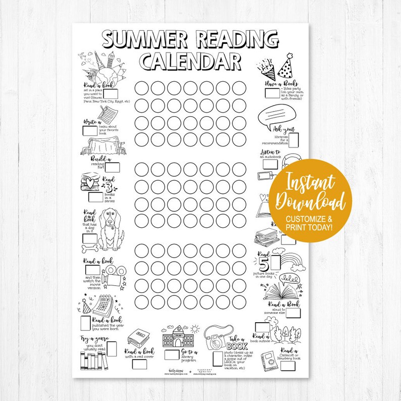 Op de afbeelding: Zwart-witte printbare zomerleeskalender met een raster van cirkels om in te kleuren terwijl je leesuitdagingen voltooit. De uitdagingen omvatten het lezen van een boek dat zich afspeelt op een plek die je hebt bezocht, het lezen van een boek dat verfilmd is, het lezen van een boek met een rode kaft, en meer.