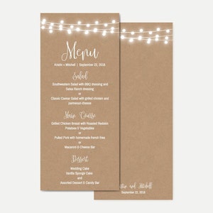 Modèle de menu de fête de mariage Kraft Lights and Lace, menu de dîner imprimable modifiable 4x9, menu de téléchargement instantané DIY PDF, Hadley Designs