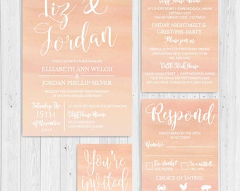 Peach Watercolor Ombre Wedding Invite Suite, Online Wedding Invite Templates, Affordable Wedding Invitation Package, Hadley Designs