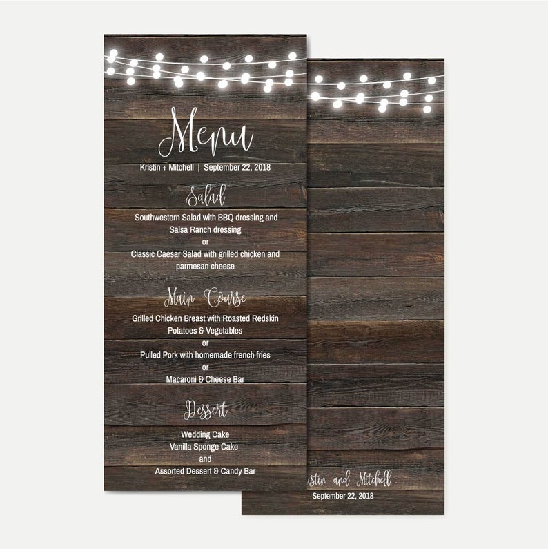 Dark Lights and Lace Hearts Wedding Party Menu Template, 4x9 Edi Dark Lights and Lace Hearts Wedding Party Menu Template, 4x9 Edi