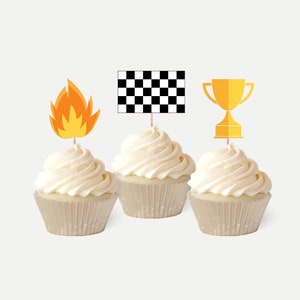 Topper de friandises d'anniversaire de voiture de course, choix de cupcakes de drapeau à damier, choix de nourriture de dessert de voitures pour la table de dessert, modèle de drapeau de cure-dents de course de bricolage