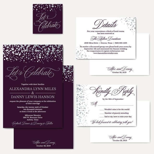 plum and silver glitter dots wedding invitation suite online wedding invitation templates