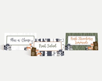 May include: Three printable food labels featuring woodland animals. The labels read "Mac 'n Cheese", "Fruit Salad", and "Fresh Strawberry Lemonade".