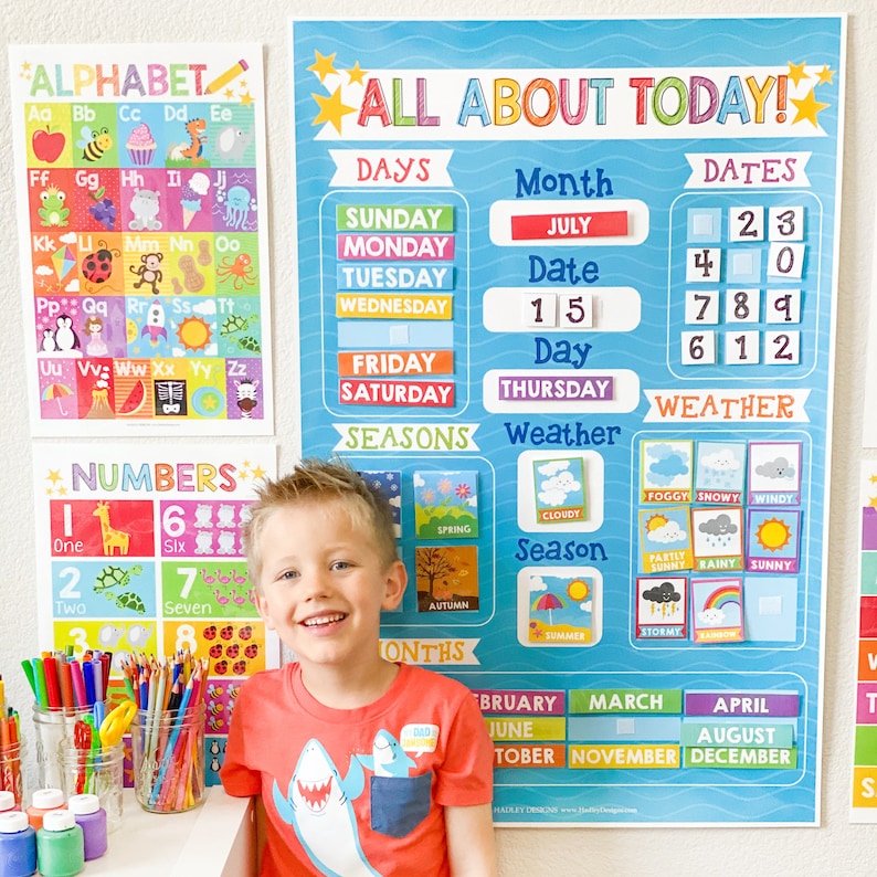 Large All about today poster for kids classrooms, teach kids how to know the dates, what the different weather is, kids are happy to be using these posters, month date, day, weather, season