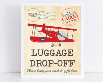 Airplane Blue Red Luggage Drop Off Here Sign, Affordable Baby Shower, Baby Shower Decorations, Baby Shower Sign Girl