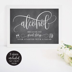 Chalkboard Alcohol Because No Great Story Ever Started With A Salad Wedding Sign, Fun Bar Sign, Rustic Printable Decor, DIY Instant Download