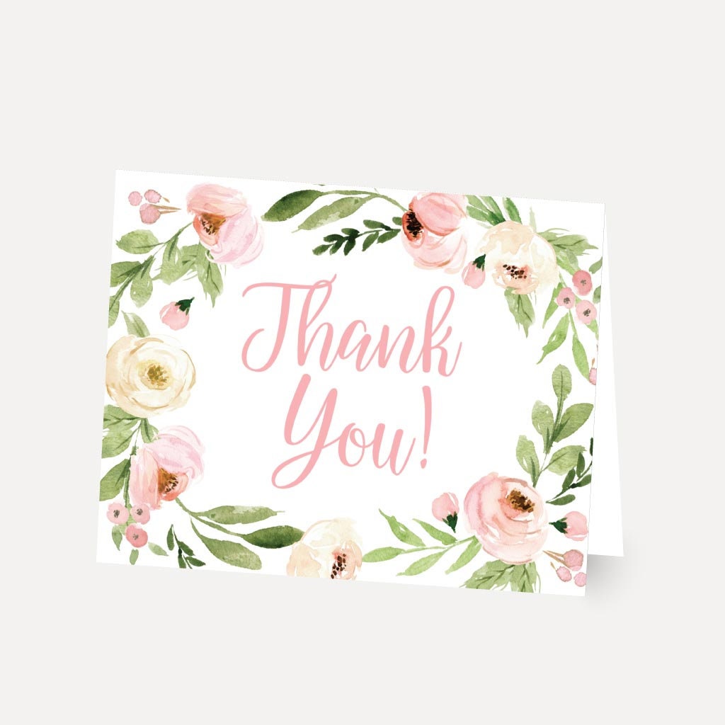 Pink Watercolor Floral Wreath Shower Thank You Card, DIY Thank You Card ...