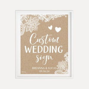 Modèle de signe personnalisé de mariage rustique en dentelle Kraft - Concevez votre propre signe, signe personnalisable, créez votre propre signe de réception de mariage