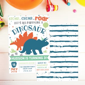 Kindergeburtstagseinladung Idee, Kindergeburtstag einladen, Jurassic Geburtstagseinladungen, Kindergeburtstag Evites, Triceratops Geburtstagseinladungen