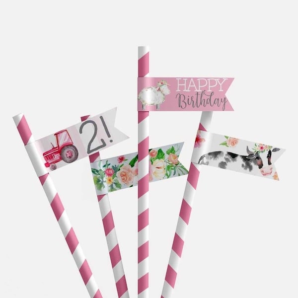 Watercolor Girl Farm Kids Party Straw Flags Template - Printable Straw Flag, Paper Straw Custom, Custom Straw Flag,  Printable Party Decor