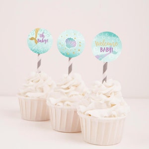 Mermaid Baby Shower Cupcake Toppers Template - Baby Shower Cupcake Decorations, DIY Printable Cupcake Topper, Party Cupcake Toppers