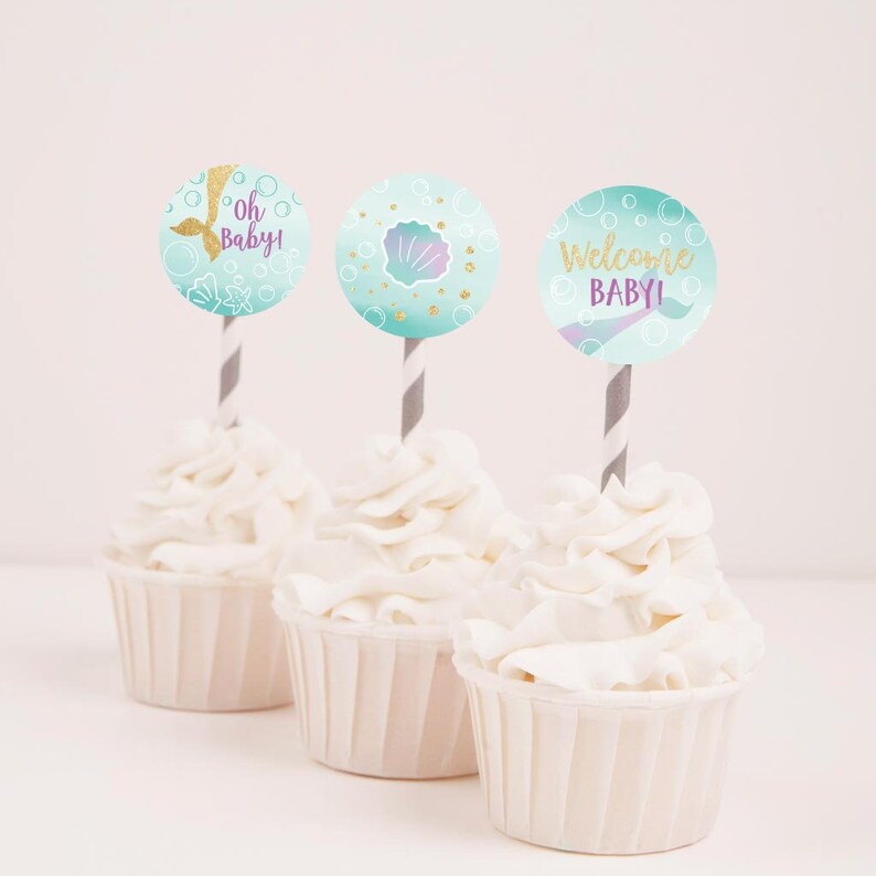 Mermaid Baby Shower Cupcake Toppers Template Baby Shower Etsy