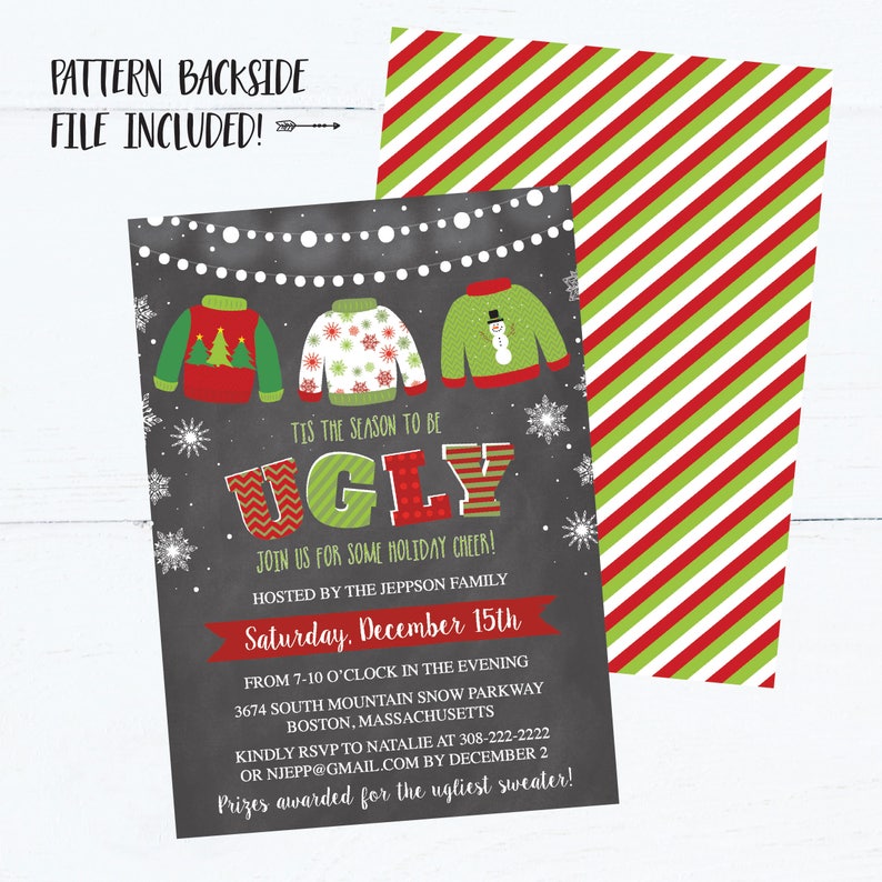 Christmas Party Invitation Template, Chalk Lights Ugly Sweater Party Printable Invite, Editable Text Instant Download DIY Holiday Invite PDF image 2