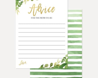 Groen en goud baby shower advieskaarten, woorden van wijsheid kaarten voor babyshower, advieskaarten babyshower, advies babyshower