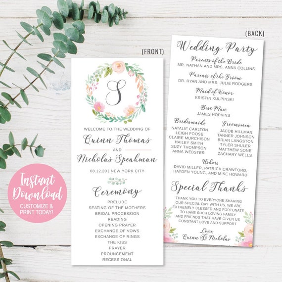 Printable Wedding Programs Download Wedding Program Layout Etsy