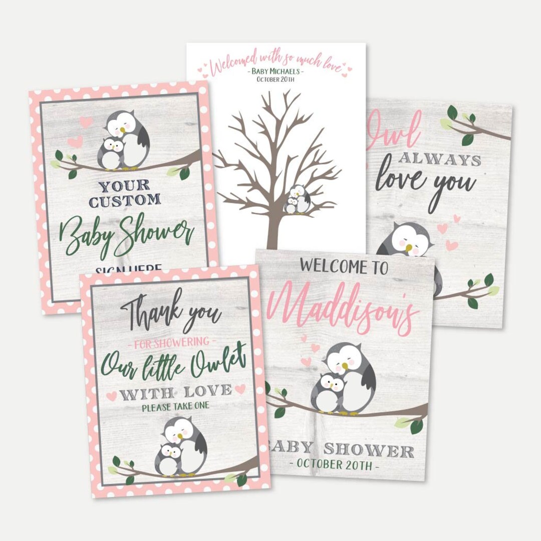 Owl Girl Baby Shower Signs Set Template Baby Shower Sign, Baby Shower ...