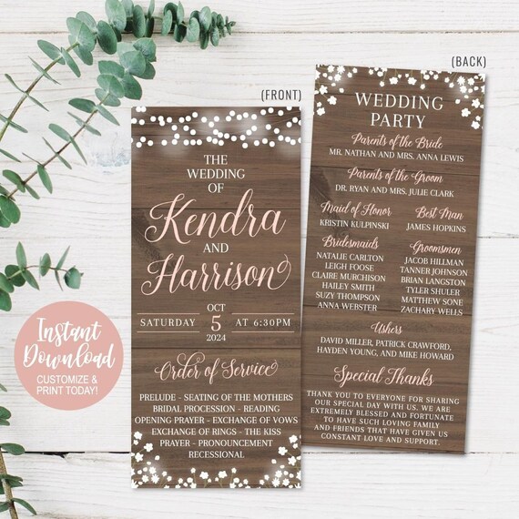 Diy Printable Wedding Programs Templates Wedding Program Etsy