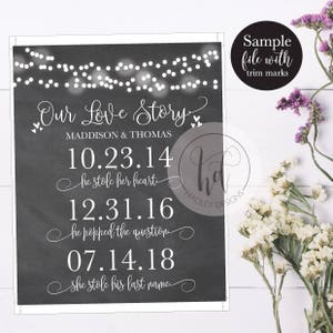 Our Love Story Wedding Sign, Chalk Lights Love Story Timeline Wedding Decor Print, Love Story Dates Sign, DIY Editable PDF Instant Download image 2