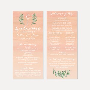 Peach Watercolor Wedding Program Template - Programmi Disegni, Programmi di nozze Download istantaneo, Modello di formato del programma di nozze