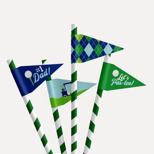 Modelli stampabili di bandiere di paglia per la festa del papà, etichette personalizzate per cannucce di carta per golf sportivo, idee per la festa del papà numero uno, bomboniere per decorazioni per topper bevande