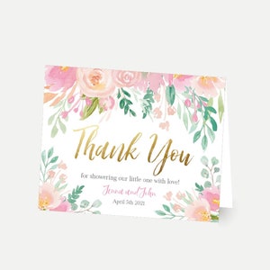 Rosa Pastell Blumen Babyparty Dankeschön-Kartenvorlage - DIY Dankeschön-Kartenvorlage, Dankeschön-Kartenfoto, bearbeitbare Dankeskartenvorlage