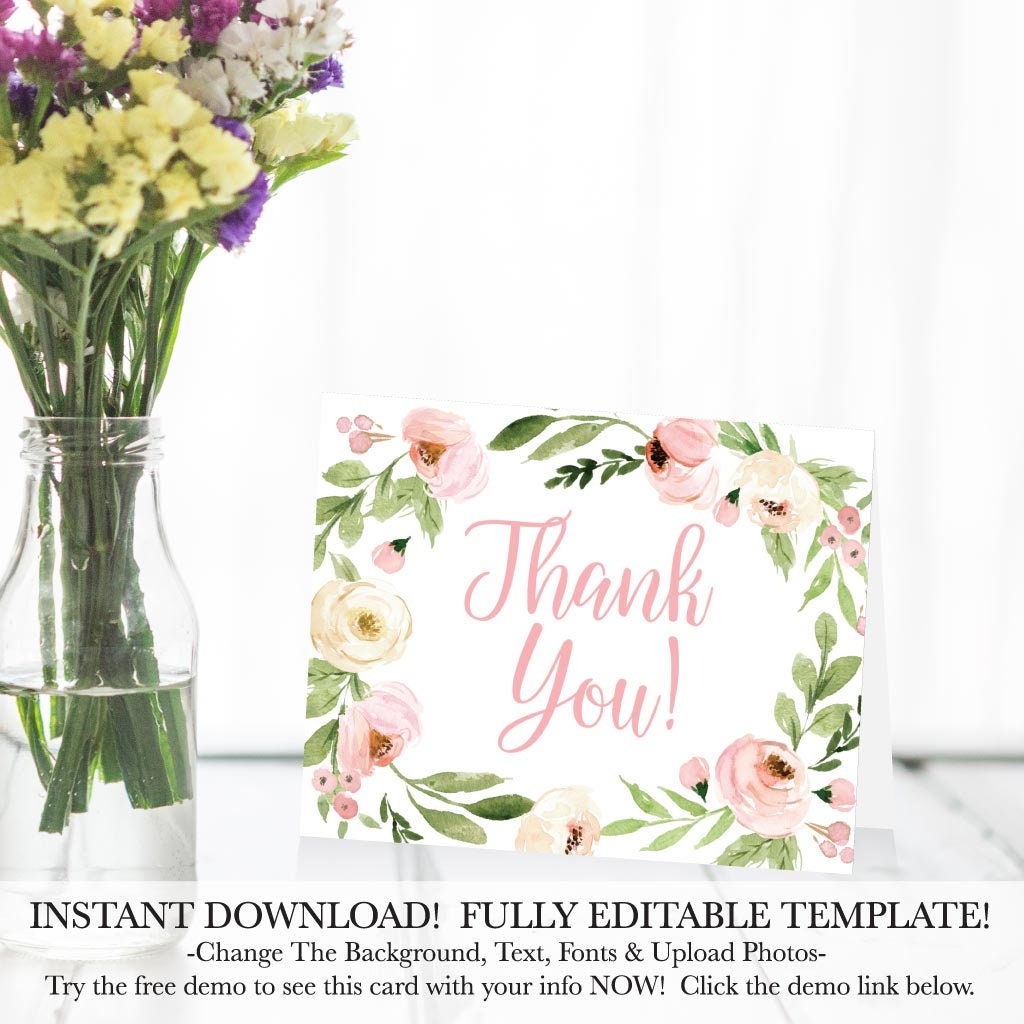Pink Watercolor Floral Wreath Shower Thank You Card, DIY Thank You Card ...