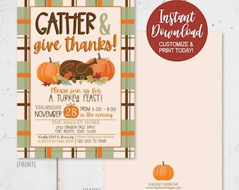 Könnte beinhalten: Thanksgiving-Einladung mit kariertem Hintergrund, einem Truthahn, Kürbissen und dem Text "Gather & give thanks!"  Bitte schließen Sie sich uns zu einem Truthahn-Fest an! Donnerstag, 28. November von 17:00 bis 20:00 Uhr. The Hadley Home, 2933 Canyon Falls Drive, Fort Worth, Texas 76089. Bitte melden Sie sich bis 11:20 Uhr bei Becca unter 817.442.3030 an. Bitte bringen Sie Ihre Lieblingsbeilage zum Teilen mit.