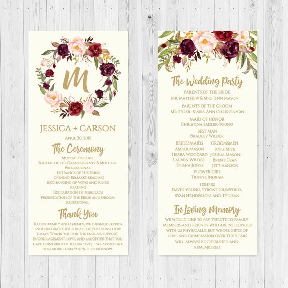 Cream Marsala Floral Wedding Program Wedding Programs Etsy