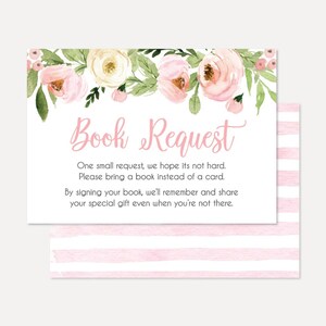 Roze aquarel bloemenkrans baby shower boek aanvraag kaart, baby shower games afdrukbaar, baby shower boek aanvraag, jezelf bewerken, DIY