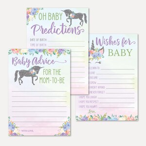 Previsões, conselhos e modelos de conjunto de desejos para chá de bebê Silver Glitter Unicorn - Pacote de lembranças, cartão de conselhos, Oh Baby, desejos para o bebê